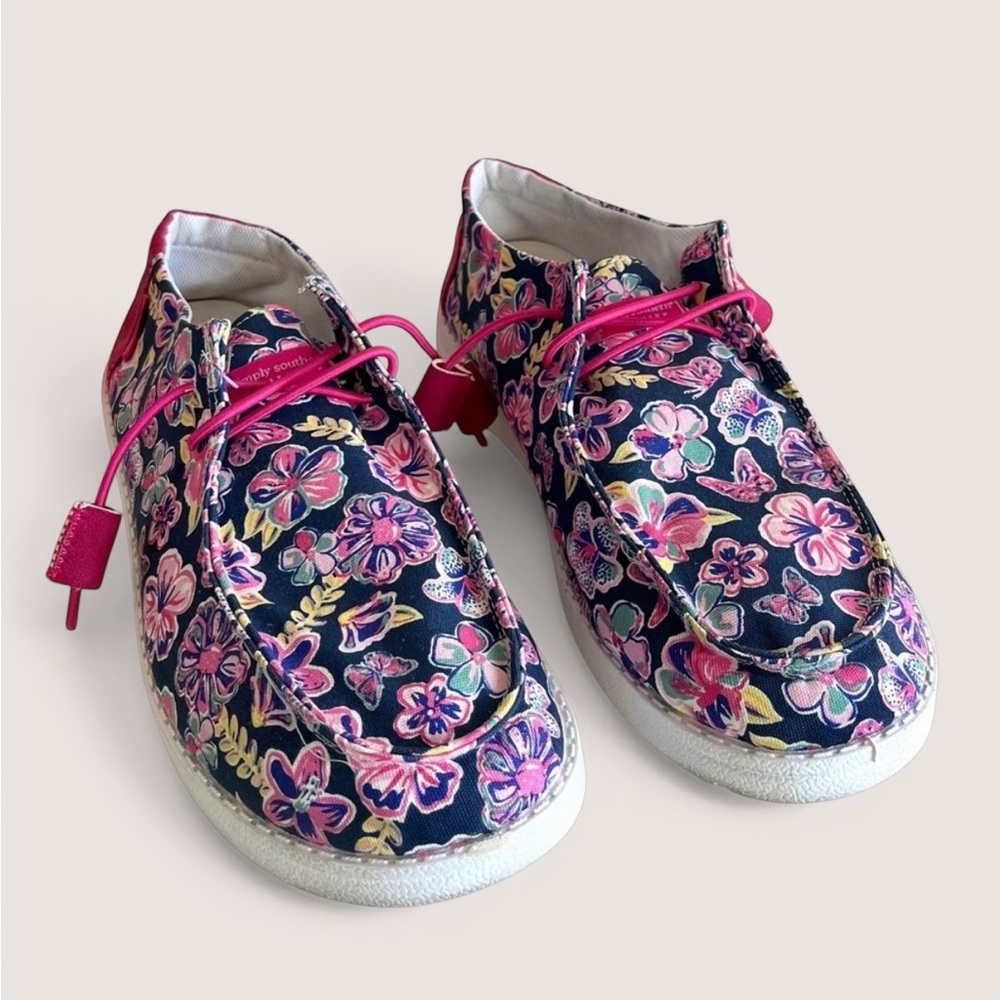 Simply Southern Navy Floral Slip-On Shoes with Pink Trim - Picture 12 of 16